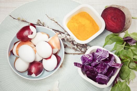 Naturally dyed easter eggs with onion skins, red cabbage, beet, turmeric, spinach