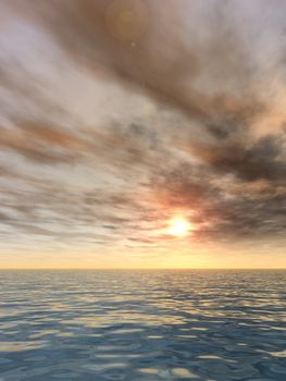 Conceptual sea or ocean water waves and sunset sky background