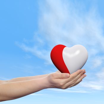 Concept or conceptual human hand with heart and blue sky background