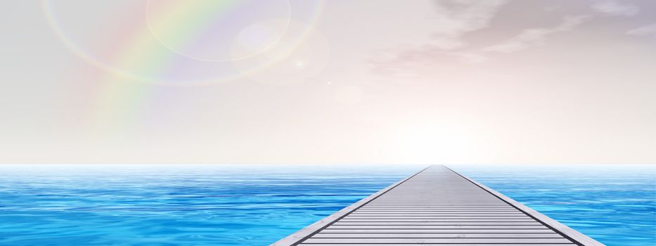 Concept or conceptual wood deck pier over exotic blue sea water and sky background banner