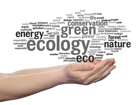 Conceptual ecology word cloud in hands isolated on background