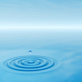 Conceptual blue liquid drop falling in water with ripples and waves background