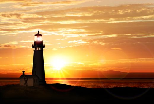 Lighthouse searchlight beam near ocean at sunset