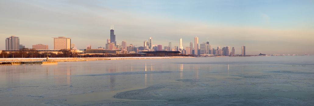 Panorama of Chicago at sunrise. Chicago, Illinois, USA.