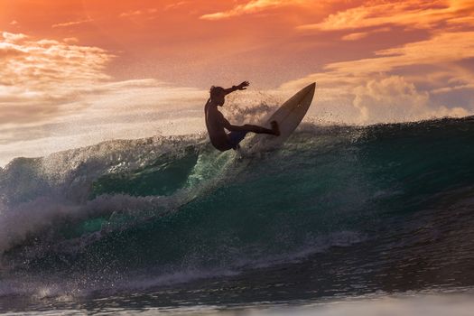 Surfer on Amazing Wave at sunset time, Bali island.