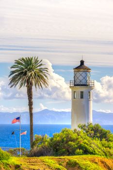 Point Vicente Lighthouse vertical image overlooking Catalina Island.