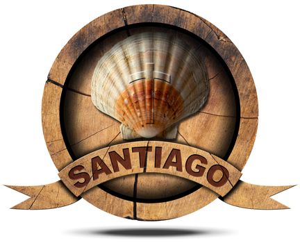 Pilgrimage wooden symbol of Santiago de Compostela with seashell. Isolated on white background