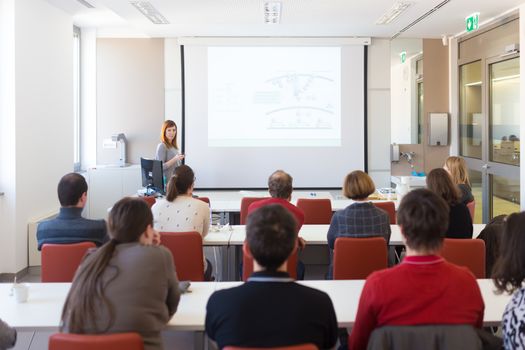 Speaker giving presentation in lecture hall at university. Participants listening to lecture and making notes. Copy space for brand on white screen.