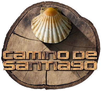 Pilgrimage wooden symbol of Santiago de Compostela with seashell (Camino de Santiago). Isolated on white background