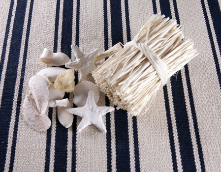 Beautiful collage of starfish, shells, bundles of straw on the old retro striped rug.