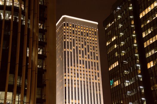 Modern office buildings at night in Madrid Spain