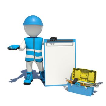 White man in special clothes, shoes and helmet holding clipboard. Background of toolbox. Isolated on white background