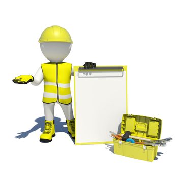 White man in special clothes, shoes and helmet holding clipboard. Background of toolbox. Isolated on white background
