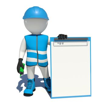 White man in special clothes, shoes and helmet holding clipboard, soft-tip pen green. Isolated on white background