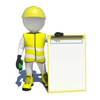 White man in special clothes, shoes and helmet holding clipboard and soft-tip pen green. Isolated on white background