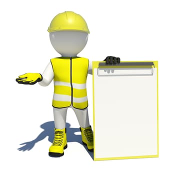 White man in special clothes, shoes and helmet holding clipboard. Isolated on white background