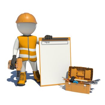 White man in special clothes, shoes and helmet holding clipboard, with hand drill. Isolated on white background. Background of toolbox. Isolated on white background