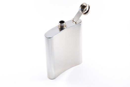 Metal flask on white background