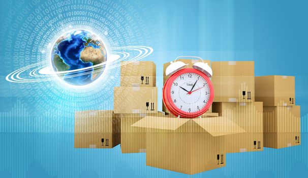 Postal boxes on them alarm clock. Backdrop of earth rings and earth. Blue background. Elements of this image furnished by NASA