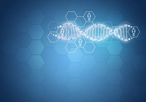 Unites all human gene DNA. Background with hexagon and information board. Blue background