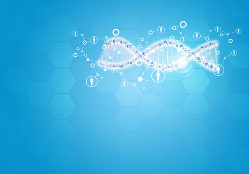 Unites all human gene DNA. Background with hexagon and information board. Blue background