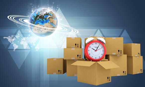Postal boxes on them alarm clock. Backdrop of earth and triangle. Elements of this image furnished by NASA