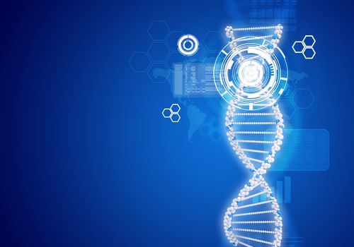 Human DNA. Background of white ring with hexagon and information board. Blue background