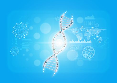 Human DNA. Background with world map, graph and wire-frame. Blue background