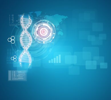 Human DNA. Background of red ring with hexagon and information board. Blue background