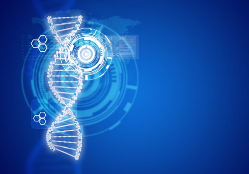 Human DNA. Background of white ring with hexagon. Blue background