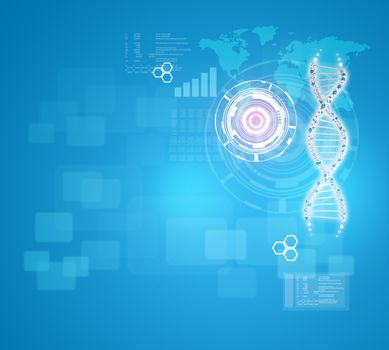 Human DNA. Background of red ring with hexagon, world map and information board. Blue background