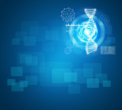 Human DNA. Background of white ring with hexagon and information board. Blue background