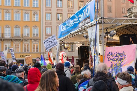 Munich, Germany - February 7, 2015: Antiwar peaceful demonstration or protest action against the policy of NATO in Central and East Europe