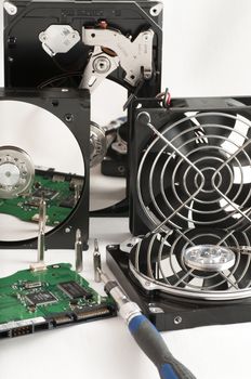 details of hard disk drive open and a fan