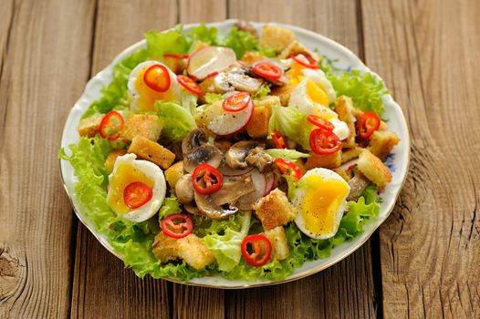 Salad Caesar with mushrooms, eggs, chili and radish on wooden background selective focus horizontal