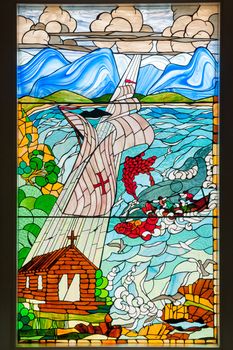 MOSSELBAY, SOUTH AFRICA - DECEMBER 30, 2014: Stained glass window at the Bartolomeu Diaz Museum. Dias arrived at the Bay of Saint Blaise, later renamed Mosselbay, on 4 February 1488