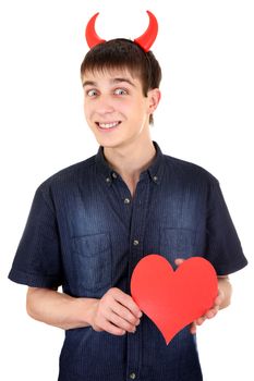 Cheerful Teenager with Devil Horns and Red Heart Shape on the White Background