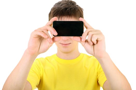 Teenager Take a Picture with a Cellphone on the White Background