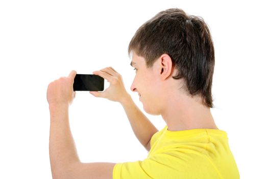 Teenager Take a Picture with a Cellphone on the White Background