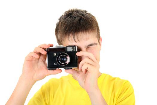 Teenager Take a Picture with Vintage Photo Camera Isolated on the White