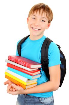 Cheerful Kid with the Books Isolated on the White Background