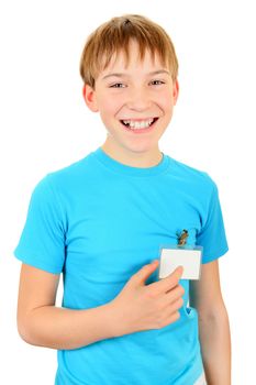 Cheerful Kid with a Badge on t-shirt Isolated on the White Background