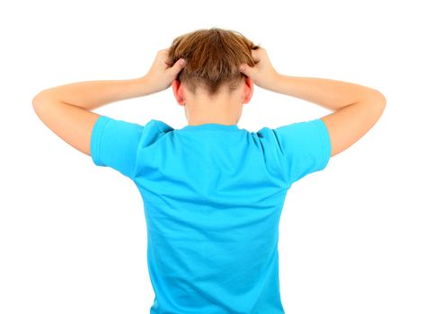 Rear view of Teenager with Hands on the Head on the White Background