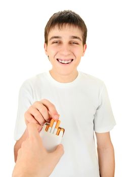 Young Man take a Cigarette on the White Background