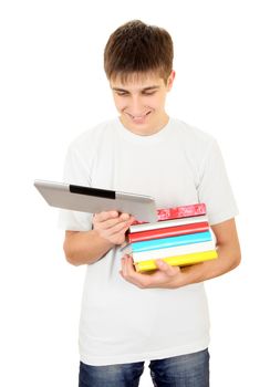 Cheerful Teenager choose between Tablet and the Books on the White Background