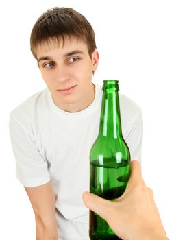 Hesitant Teenager and Beer on the White Background