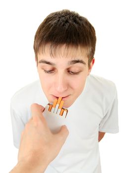 Young Man take a Cigarette on the White Background
