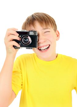 Cheerful Kid with Vintage Photocamera Isolated on the White Background