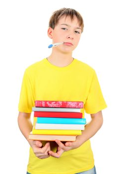 Sad and Sick Schoolboy with Thermometer on the White Background