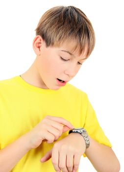 Surprised Kid with the Watch Isolated on the White Background